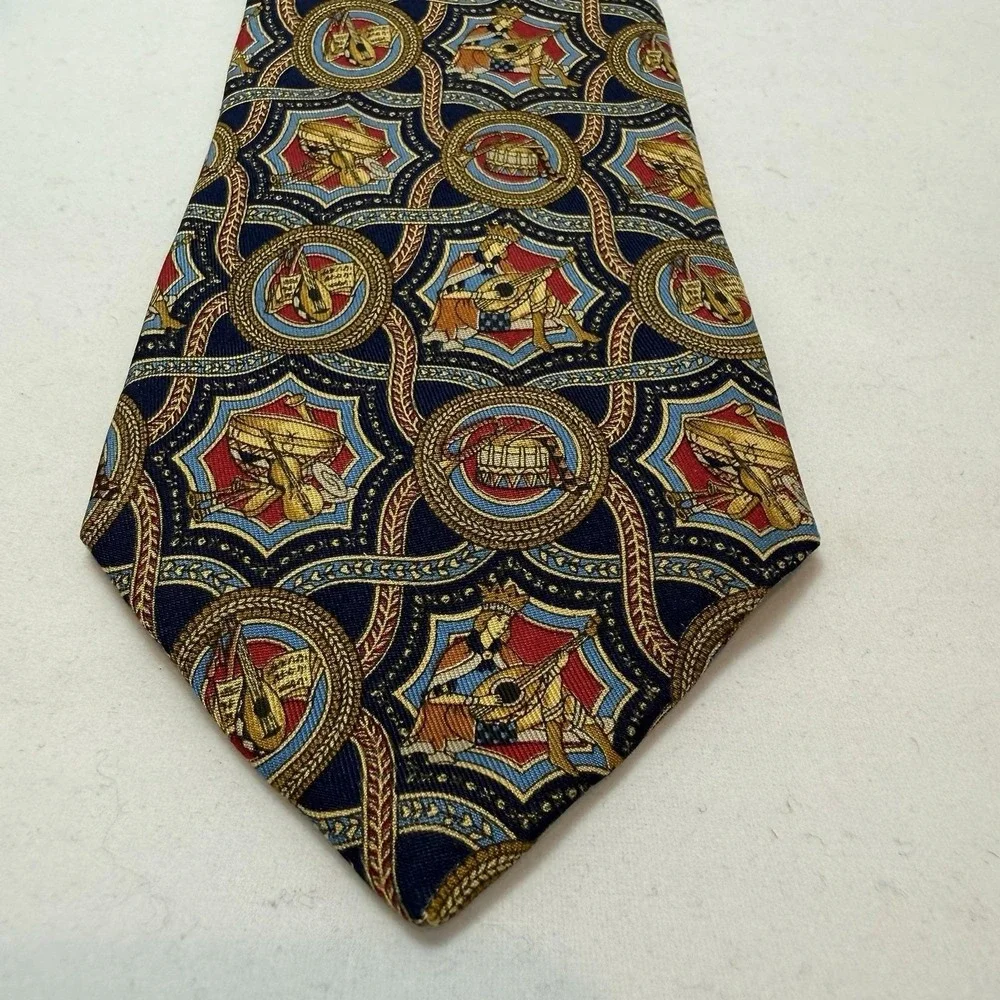 Vintage Ferragamo‎ Silk Tie Music Instrument Medallion Print Italian Luxury 90's